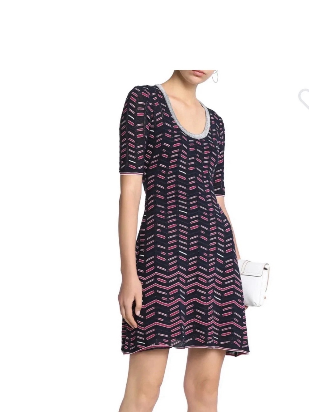 M Missoni Navy and Pink Patterned Short-Sleeve Mini Dress